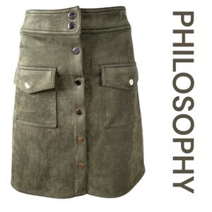 PHILOSOPHY Vegan Suede Olive Green Mini Skirt, Size 10.